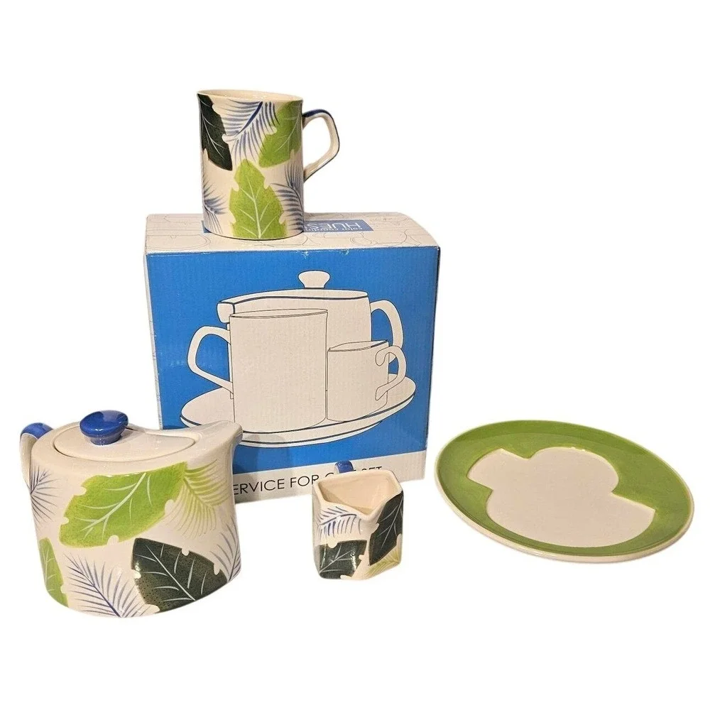 HuesNBrews Service For One‎ Tropical Leaf Ceramic Teapot Mug Creamer Set 403-373